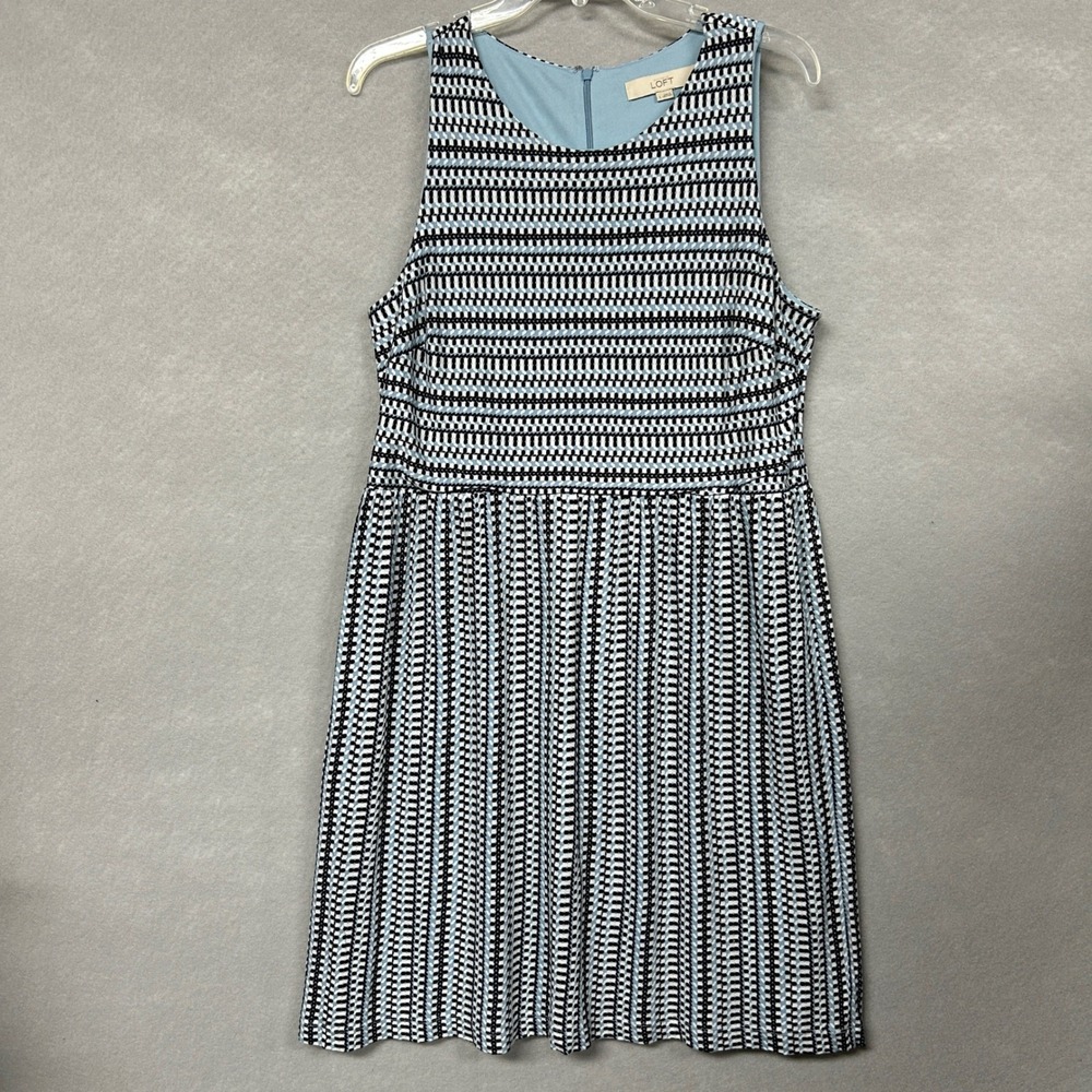 LOFT Womens L Sleeveless Tank Dress Blue Geometric Career Professional Zip